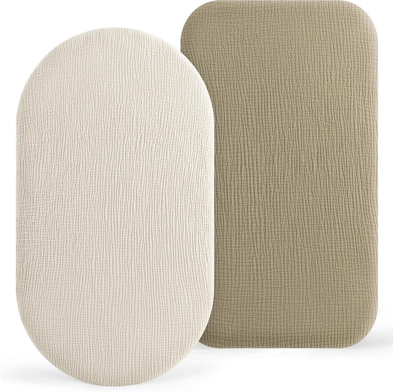 Bearmoss Bassinet Sheets - 2 Pack Muslin Cotton Bassinet Sheets Fits Oval and Rectangle Bassinet Mattress, Breathable and Skin-Friendly for Baby Boy and Girl (Cream&Olive Green) - Image 1